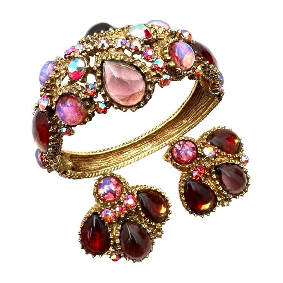Early Unsigned Hattie Carnegie Dragons Breath Rhinestone Bracelet Earrings Set - Picture 1 of 9